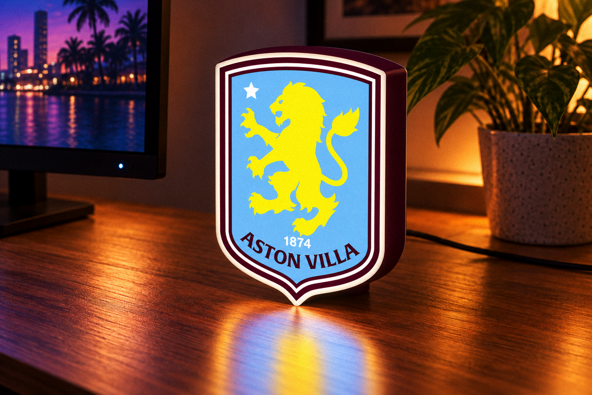Aston Villa FC LED lightbox in claret and blue, illuminated on a gaming desk