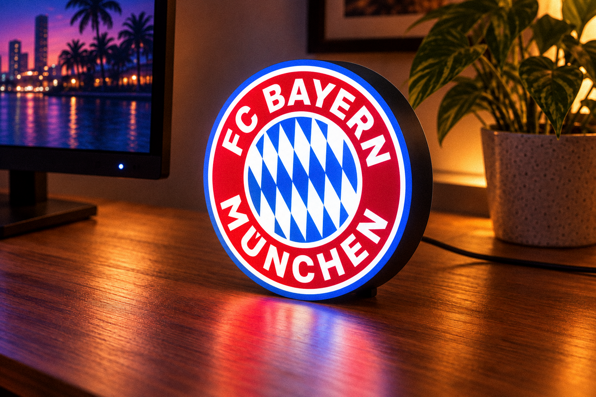 Illuminated FC Bayern Munich circular lightbox displayed on a gaming desk