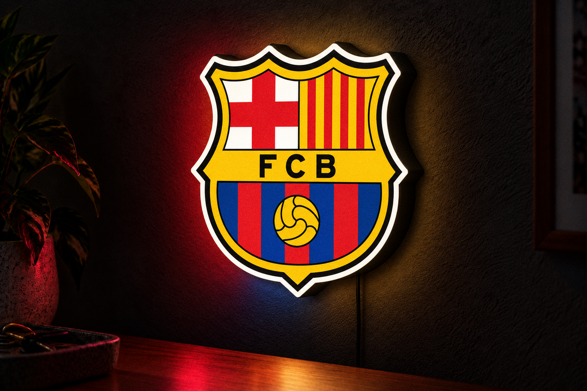 FC Barcelona illuminated shield crest LED lightbox displayed on a dark wall