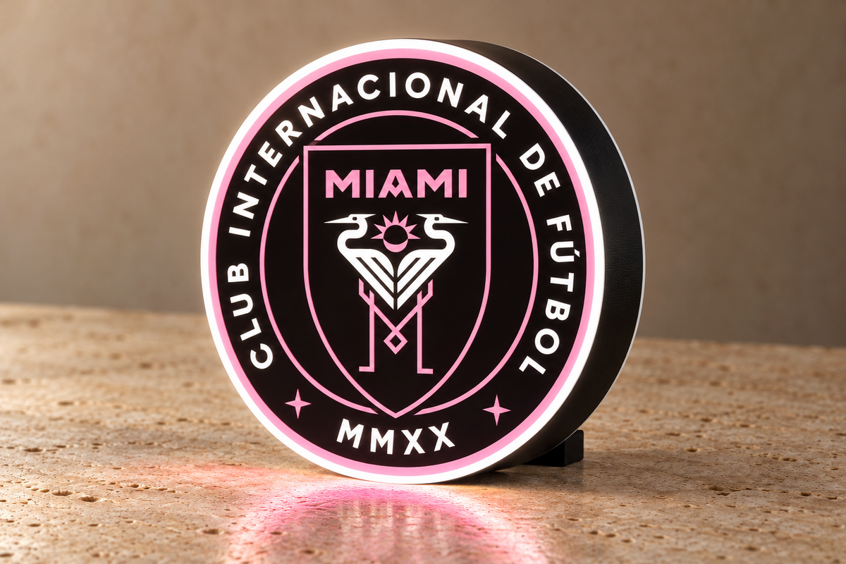 Inter Miami CF MLS lightbox on tabletop with side view of black dimensional casing