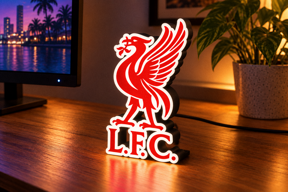 Liverpool FC Liver Bird LED lightbox on desk showing its dimensional bird shape