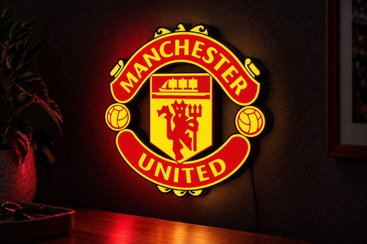 Manchester United crest LED wall lightbox in dark room