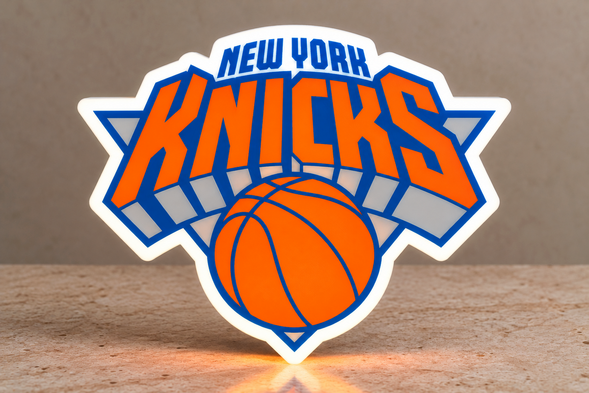 New York Knicks orange and blue illuminated NBA logo lightbox front view