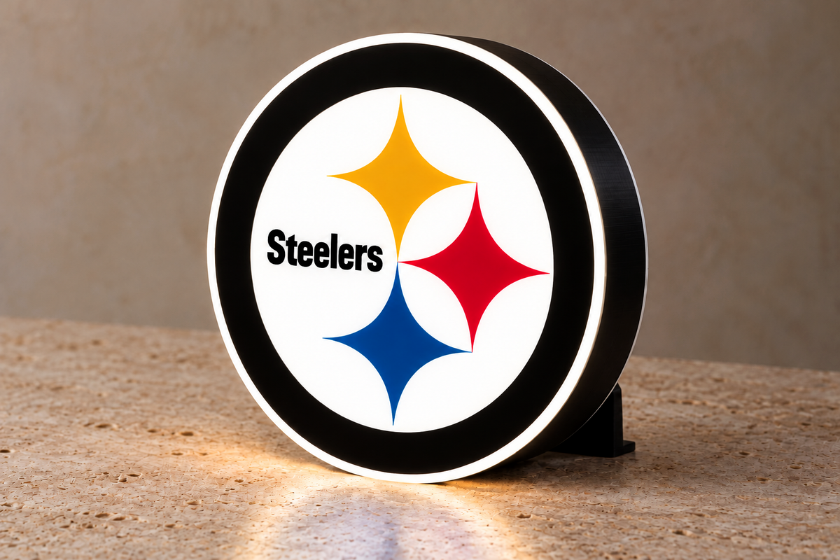 Pittsburgh Steelers LED lightbox illuminated, angled on desk stand
