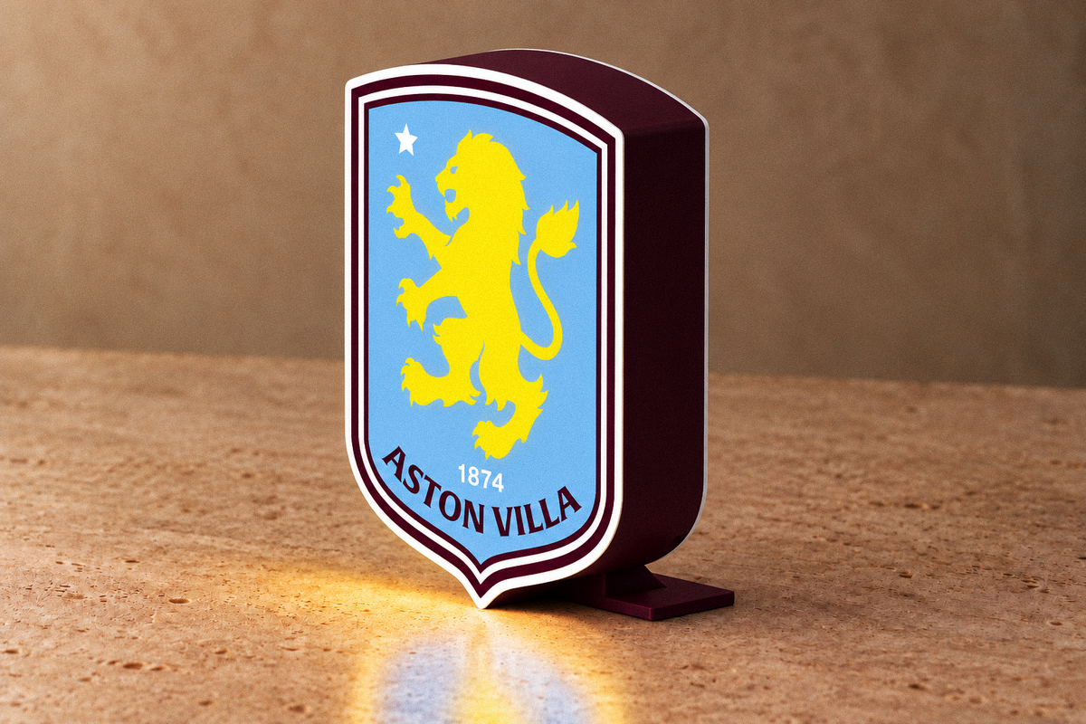 Angled Aston Villa LED lightbox showing claret-colored depth and included desk stand