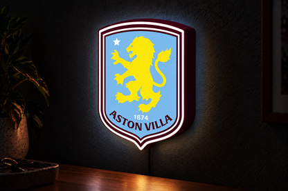 Aston Villa illuminated football crest wall light on dark textured wall