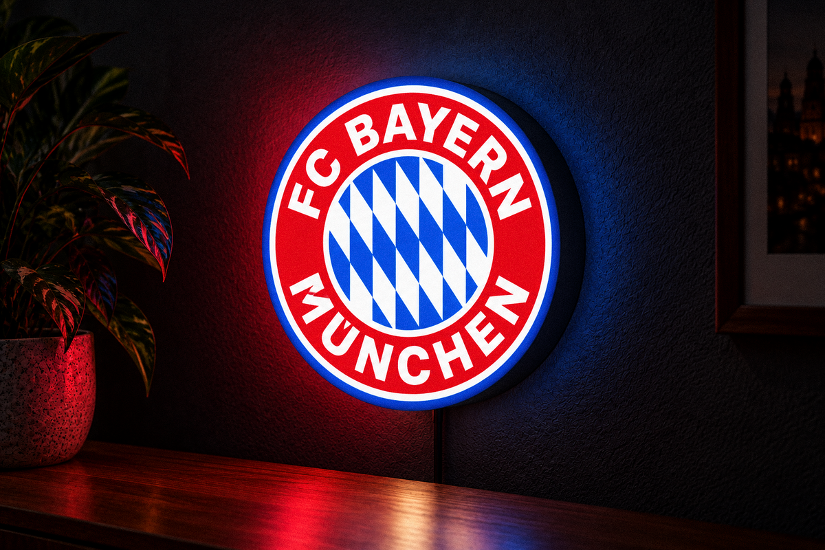 FC Bayern Munich LED lightbox glowing on a dark wall
