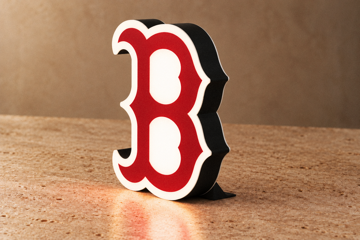 Boston Red Sox LED lightbox angled side view showing 36 mm deep black case and desk stand