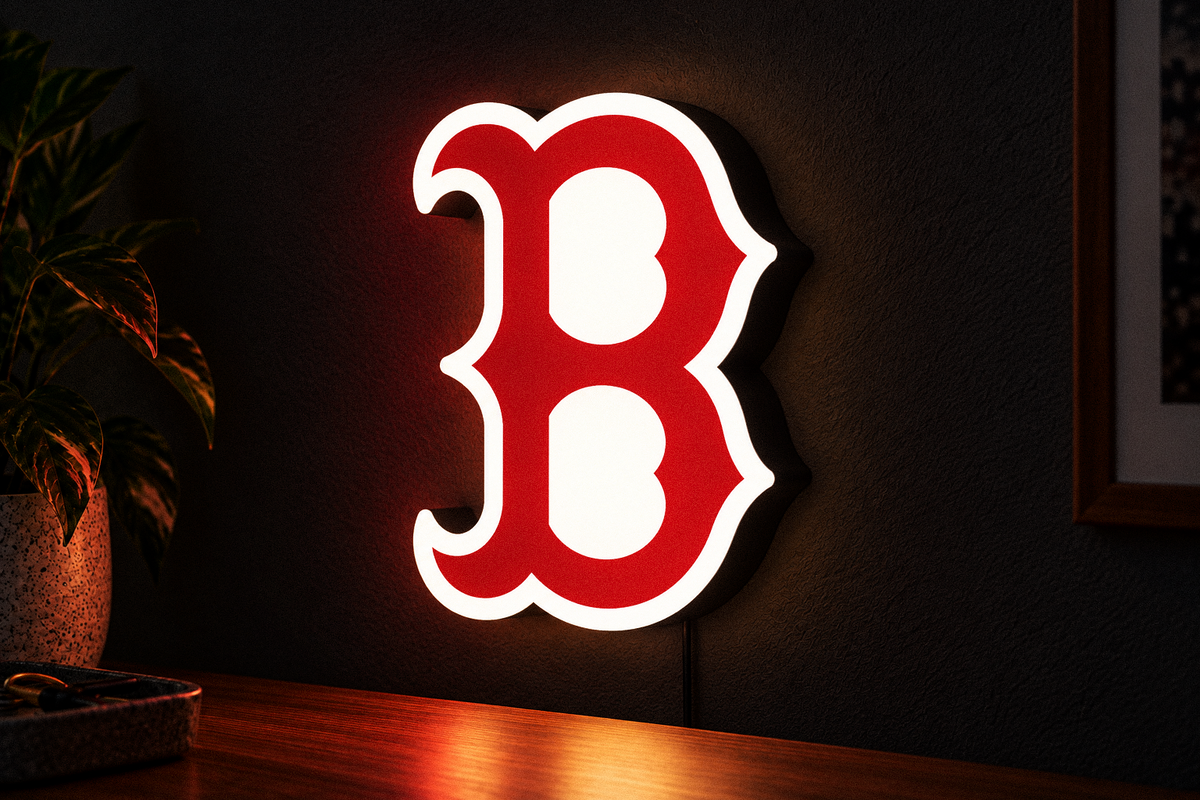 Boston Red Sox illuminated red B wall sign LED lightbox on dark wall