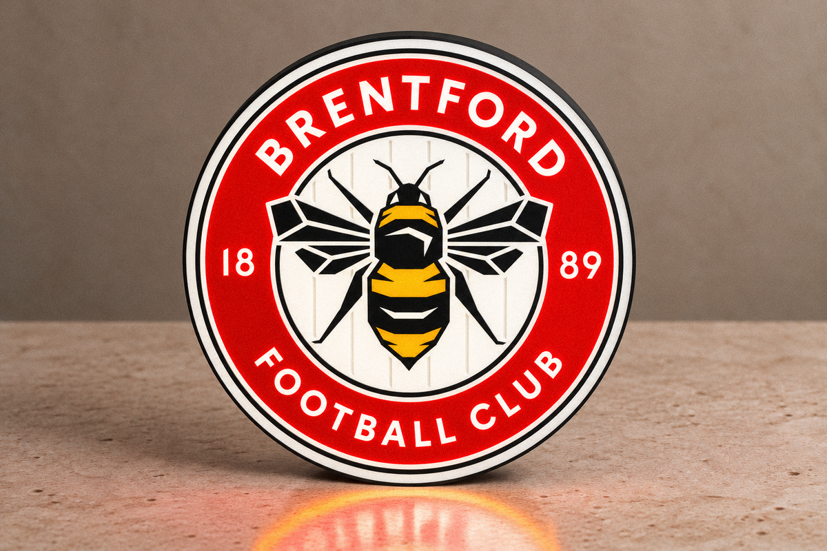 Brentford FC circular red and white illuminated LED bee crest lightbox front view