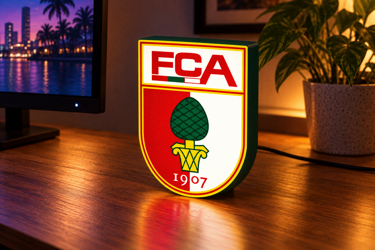 FC Augsburg football crest LED lightbox displayed on a gaming desk