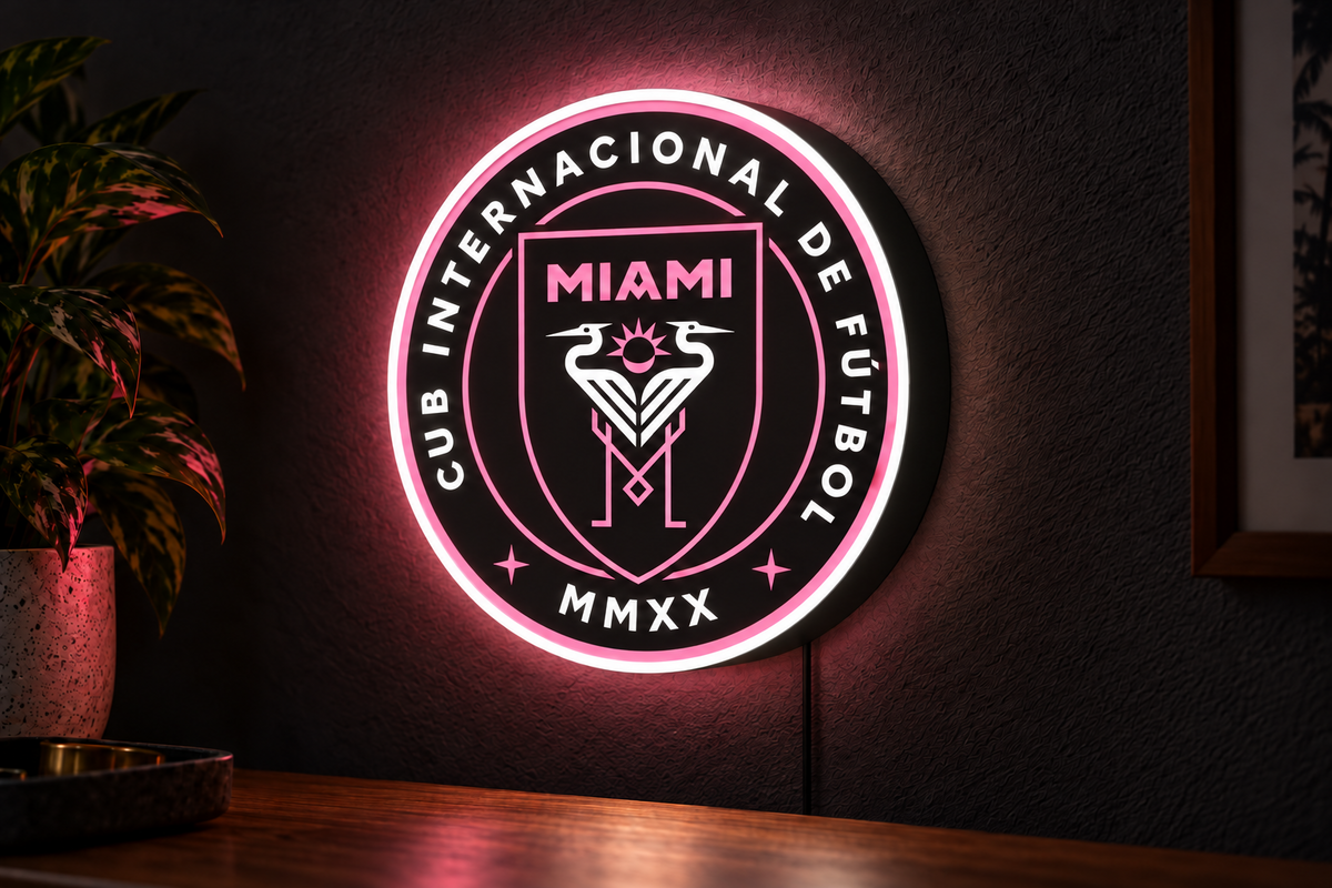 Inter Miami CF illuminated MLS circular crest lightbox on dark wall