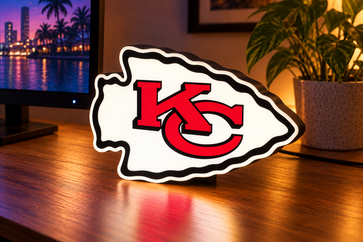 Kansas City Chiefs illuminated arrowhead KC LED lightbox with desktop stand on gaming desk