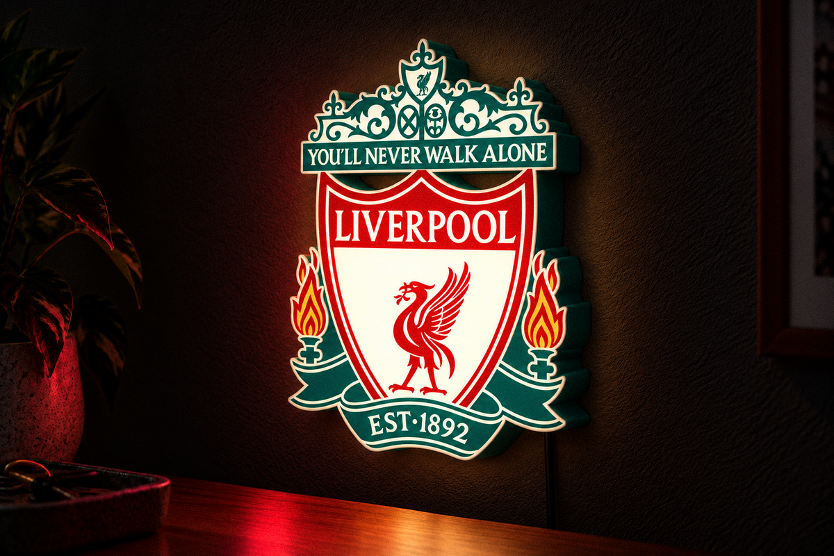 Liverpool FC illuminated LED football wall lightbox in dark gaming room