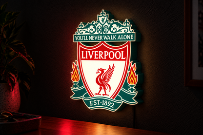 Liverpool FC illuminated LED football wall lightbox in dark gaming room