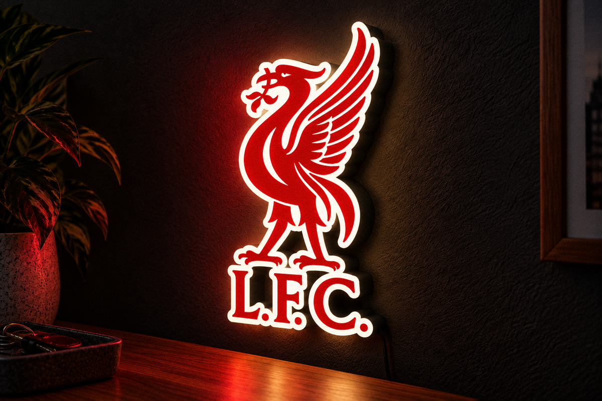 Liverpool FC Liver Bird LED lightbox glowing red and white on dark wall
