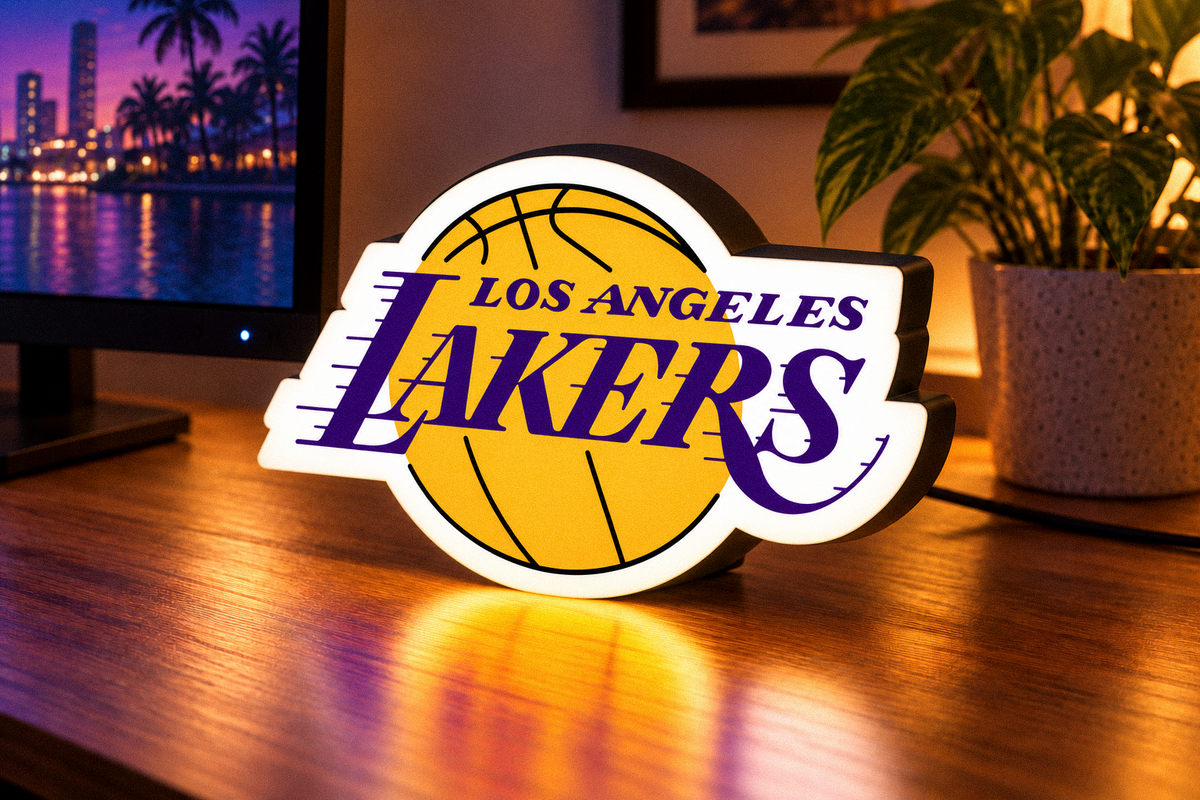 Los Angeles Lakers LED lightbox displayed on a wooden desk in gaming room