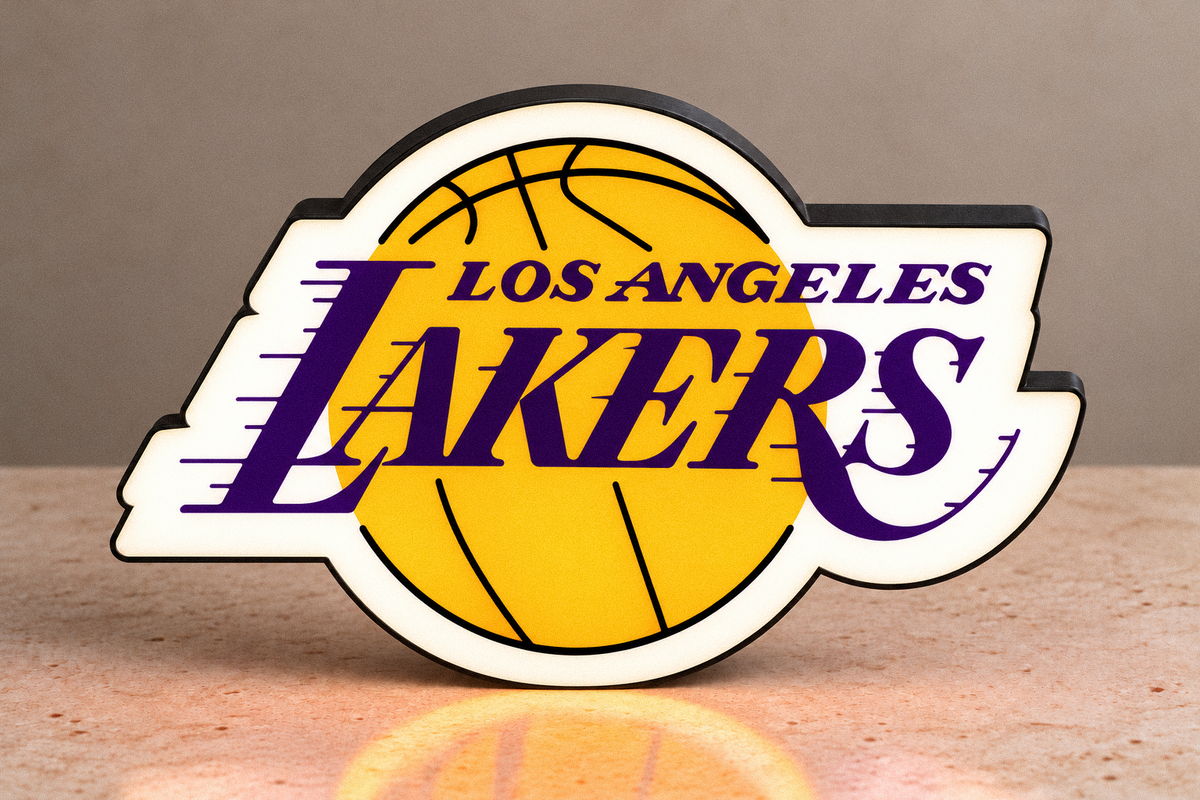 Los Angeles Lakers logo LED lightbox front view with gold basketball purple lettering and white illumination