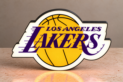 Los Angeles Lakers logo LED lightbox front view with gold basketball purple lettering and white illumination