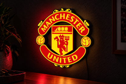 Manchester United crest LED wall lightbox in dark room