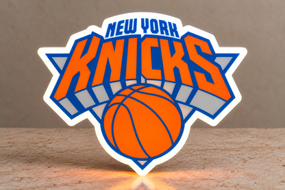 New York Knicks orange and blue illuminated NBA logo lightbox front view