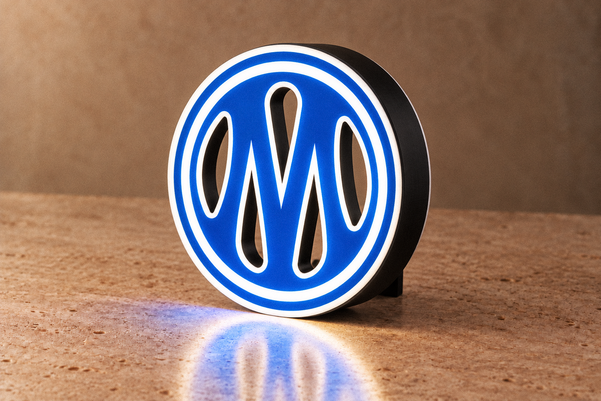 Angled side view of Olympique de Marseille LED lightbox
