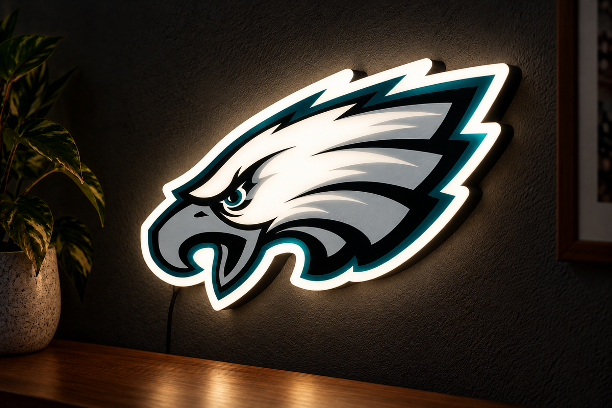 Philadelphia Eagles LED lightbox glowing white on a dark wall