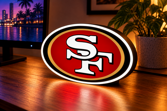 San Francisco 49ers illuminated LED football sign on gaming desk