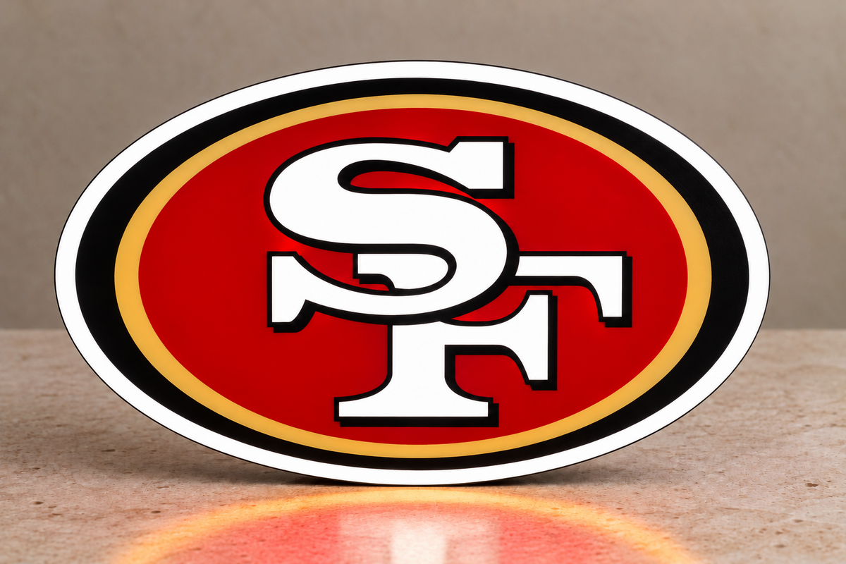 San Francisco 49ers red and gold oval NFL logo LED lightbox front view