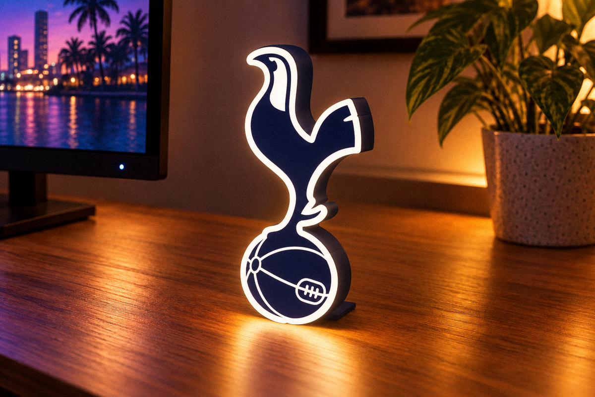 Tottenham Hotspur LED lightbox on a gaming desk showing dimensional edge