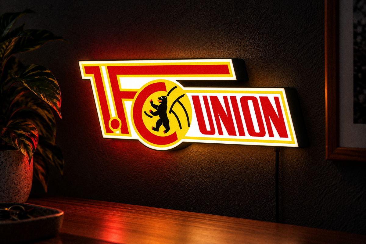 1. FC Union Berlin football club LED lightbox glowing on a dark wall