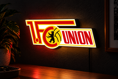1. FC Union Berlin football club LED lightbox glowing on a dark wall