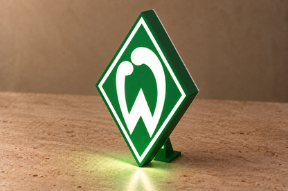 Side angled Werder Bremen LED lightbox showing green housing and display stand