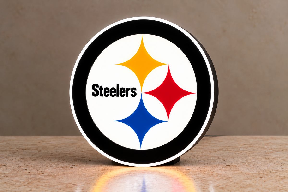 Front view of round Pittsburgh Steelers LED lightbox